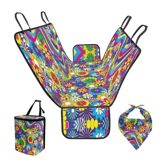 Pzuqiu Back Seat Extender for Dogs Scratchproof Pet Bench Seat Covers with Adjustable Triangle Dog Bandanas Car Trash Bag for Travelling, Outdoor, Abstract Hippie Flower