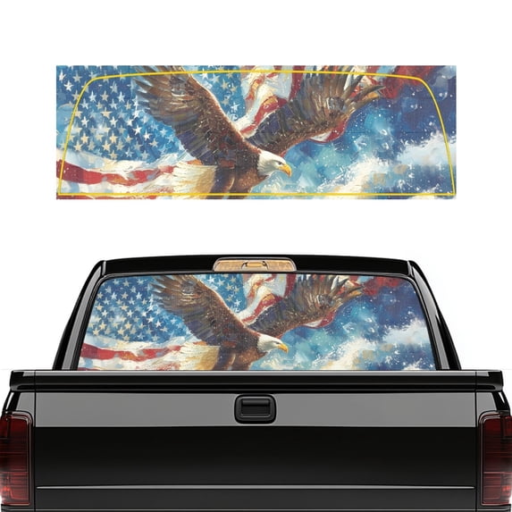 Pzuqiu Bald Eagle American Flag Truck Back Glass Decal 66.9" x 22.4", Vinyl Back Window Decals for Most Pickup Truck Models, Universal Full Window Coverage