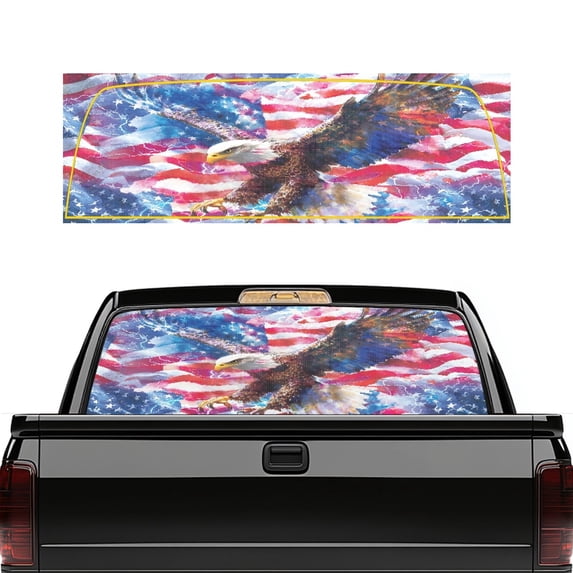 Pzuqiu Bald Eagle Flag Art American Flag Truck Rear Window Decal 66.9" x 22.4", Fade Resistant Vinyl Car Window Stickers for Most Pickups and Trucks
