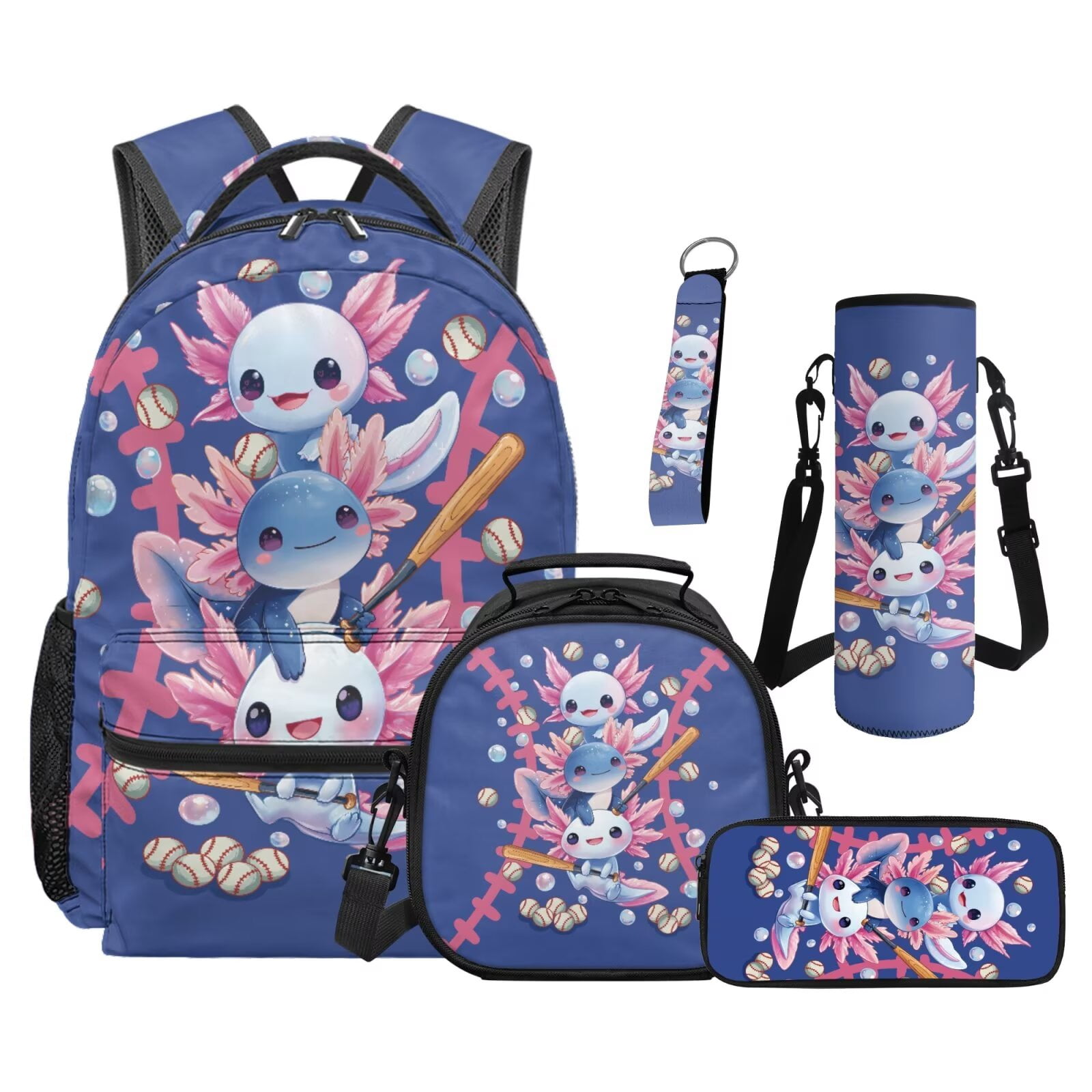 Pzuqiu Baseball Axolotl Kids Backpack Set for Girls 5 Piece Large Capacity Matching Backpack Insulated Lunch Box Pencil Case Water Bottle Holder for Elementary Daily School Use