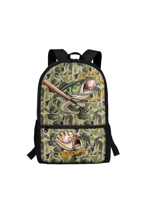 Baseball Fish Camo Backpack for Boys Backpack for Kindergarten Elementary School Backpack 17 Inch Large Capacity Kids Bookbag with Adjustable Straps Back to School Supplies