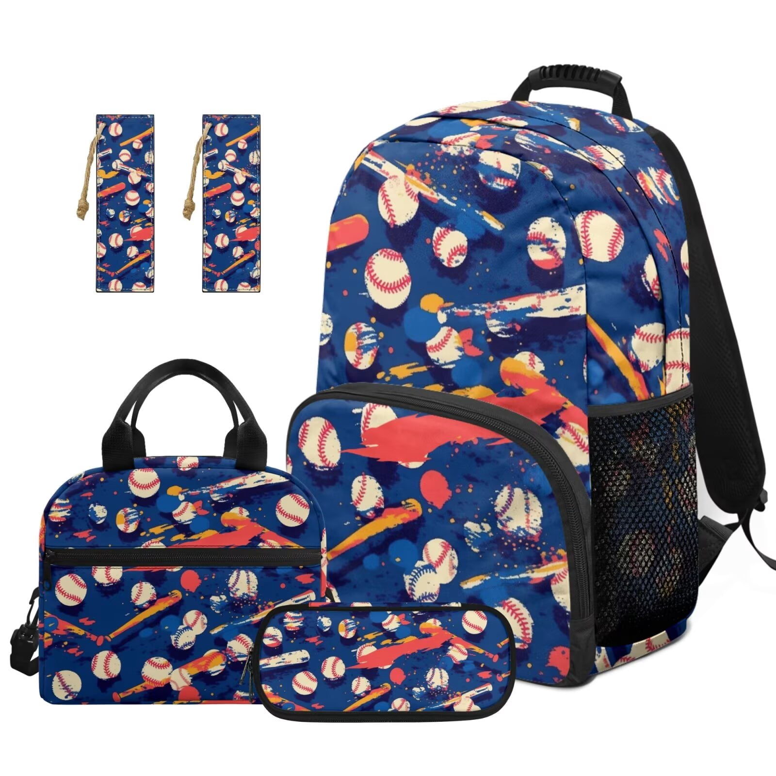 Pzuqiu Baseball Print Backpack for Boys 8-12 Kids School Bag with Lunch Box Pencil Case Lightweight Bookbag for Middle School 4pcs 17 Inch Kids Backpack Travel Bag