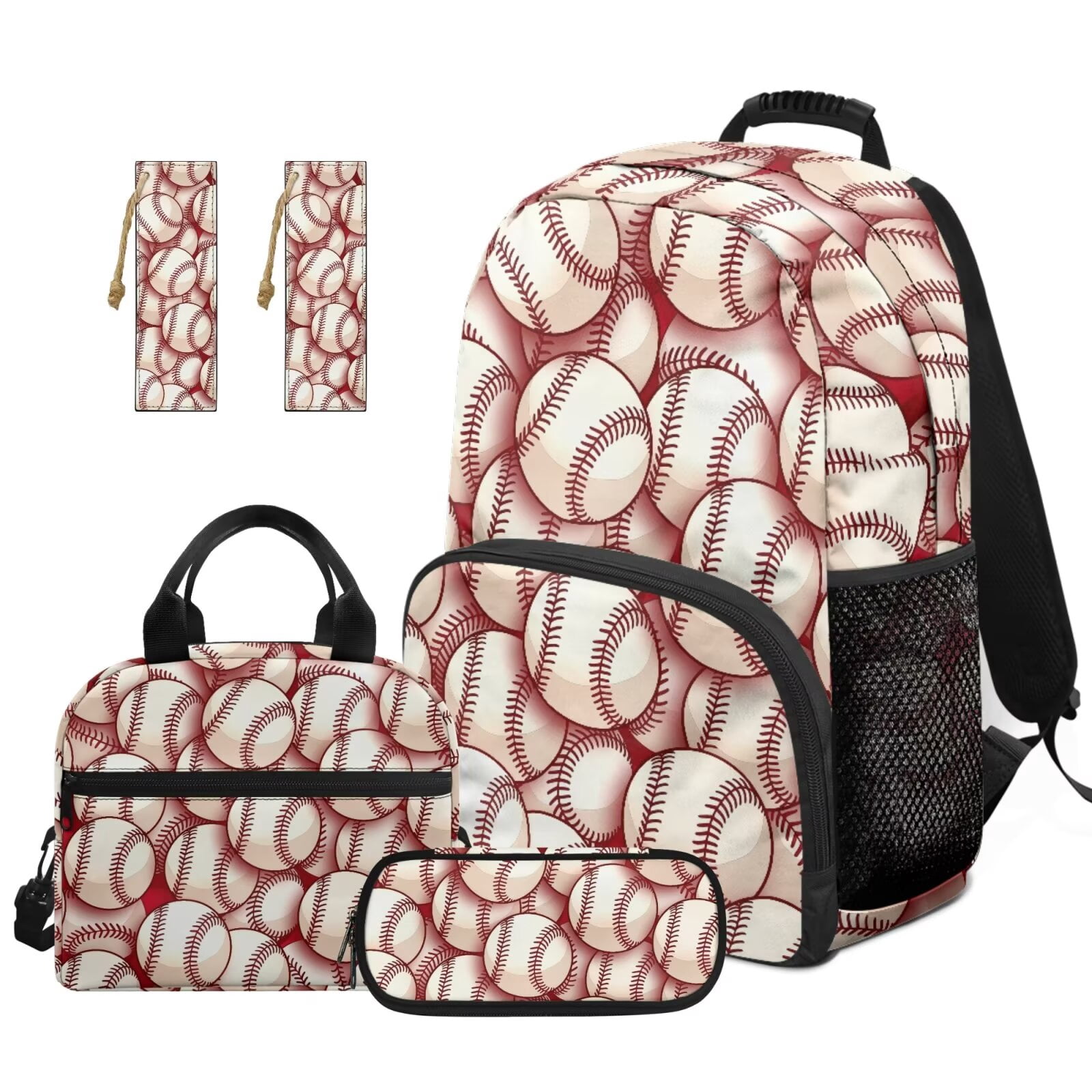 Pzuqiu Baseball Print Backpacks for School Boys 4 pcs with Lunch Bag Pencil Bag 2pcs Bookmark Set for Kids Large Travel Schoolbag for Boys 8-12 Camping Rucksack for Kids