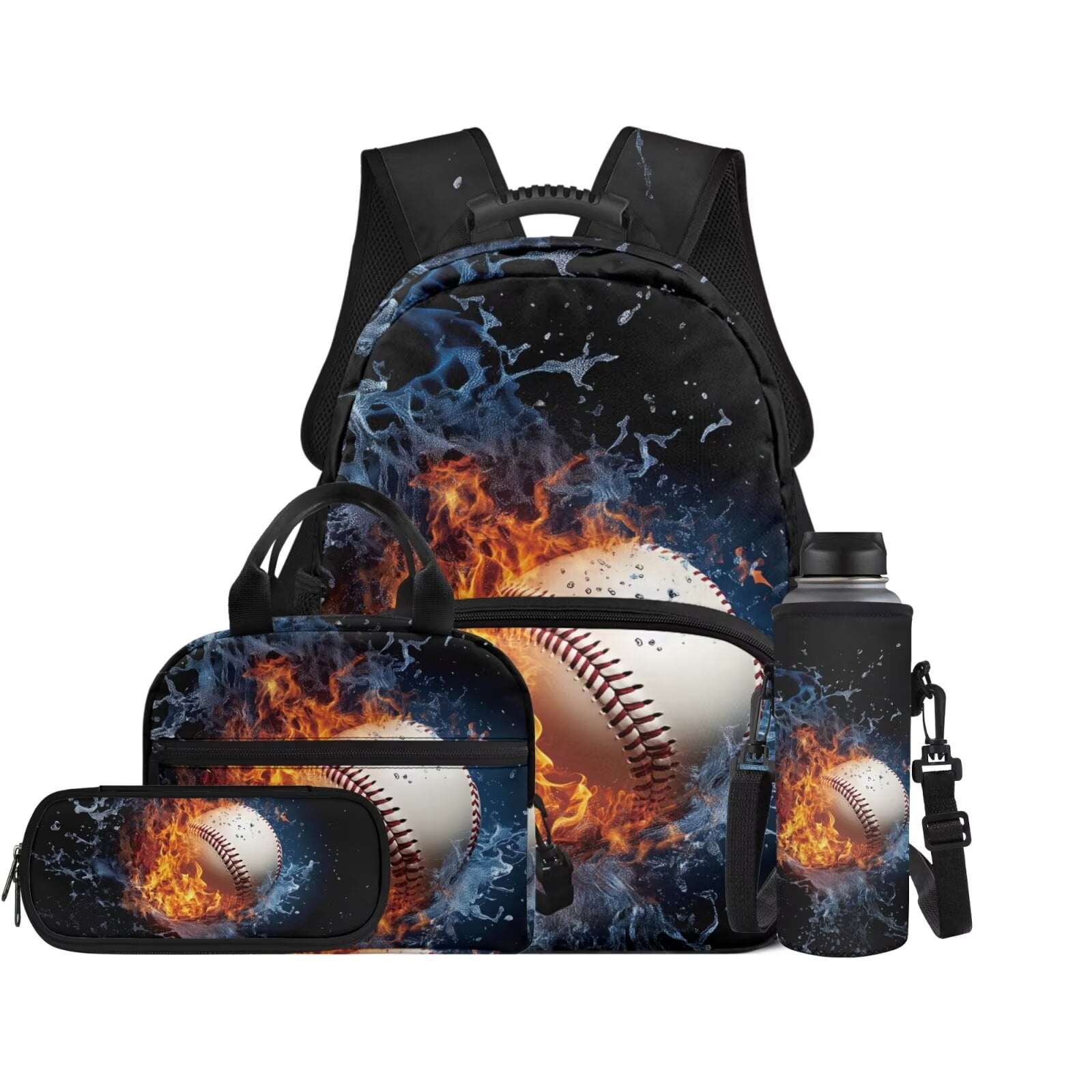 Pzuqiu Baseball Print Backpacks for School Boys 4 pcs with Lunch Box Pencil Bag Water Bottle Holder Set for Kids Large Travel School Bag for Boys 8-12 Camping Daypack for Kids
