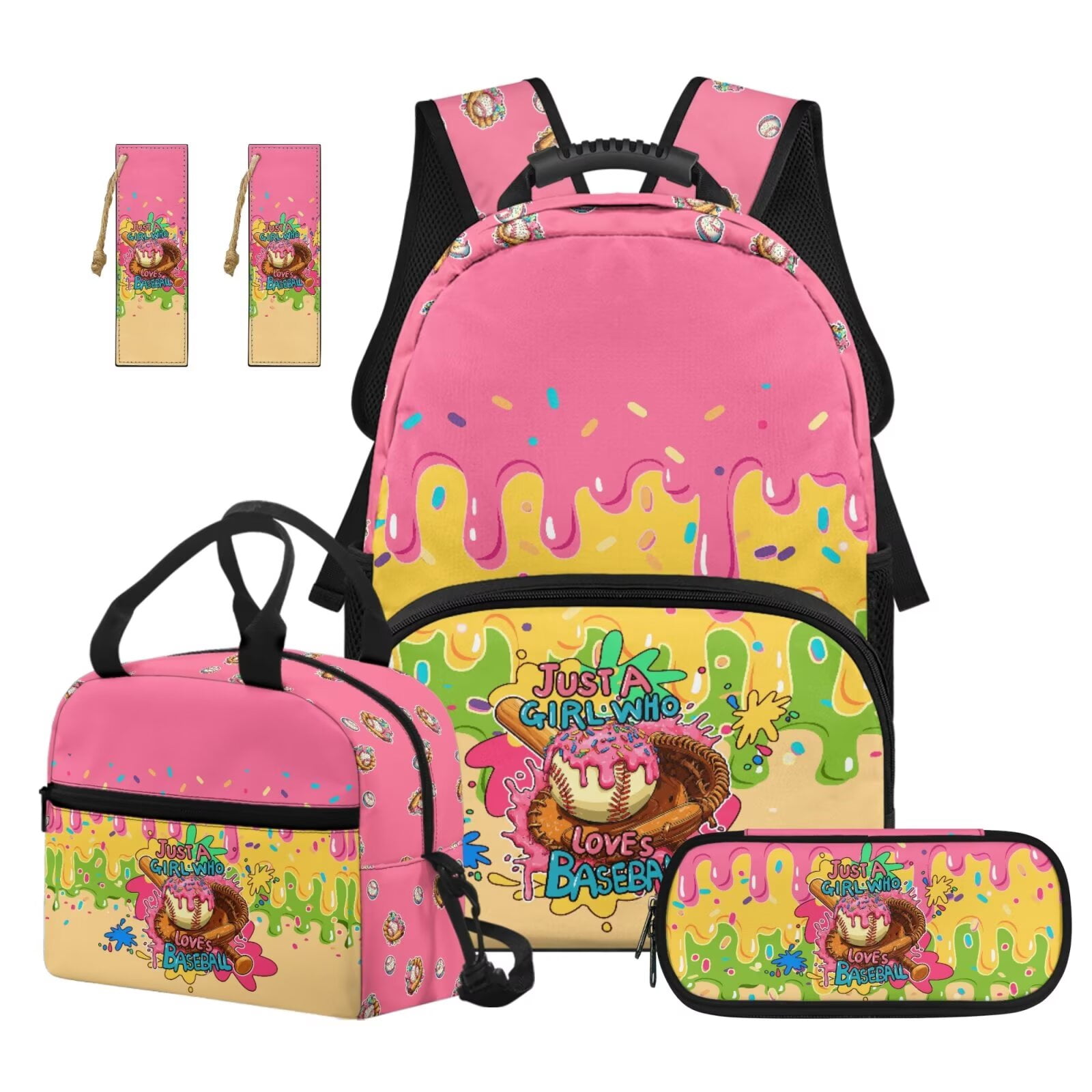 Pzuqiu Baseball Print Kids Backpack Set for Girls Bookbag with Lunch Box Pencil Case Set of 4 School Backpack with Adjustable Shoulder Strap for Teen Boys Lightweight School Bag
