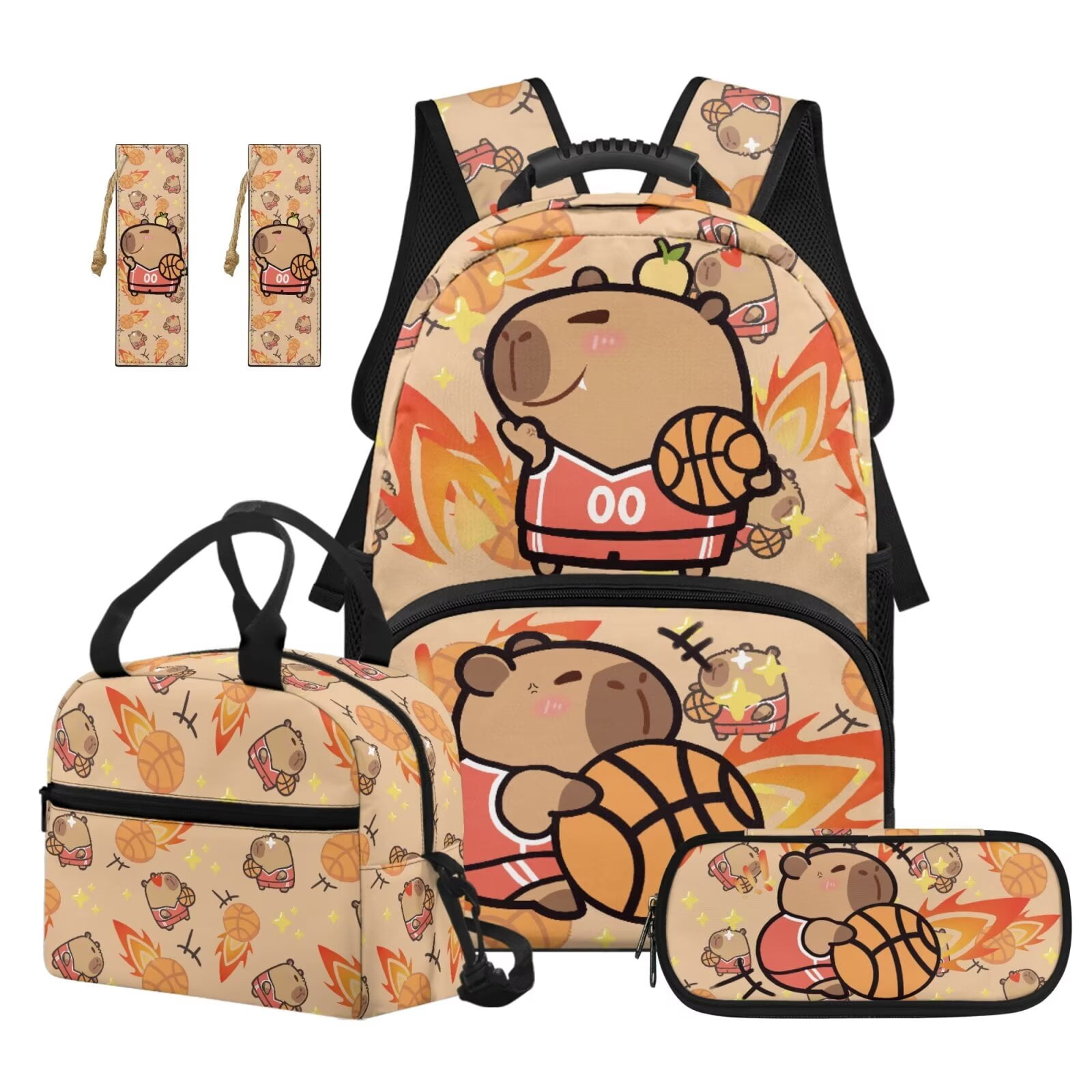 Pzuqiu Basketball Capybara Girls Backpack with Lunch Box Back Pack for School Kids Backpacks Kawaii Lightweight Casual Travel Daypack for Kids, 4pcs with Pencil Case 2pcs Bookmark