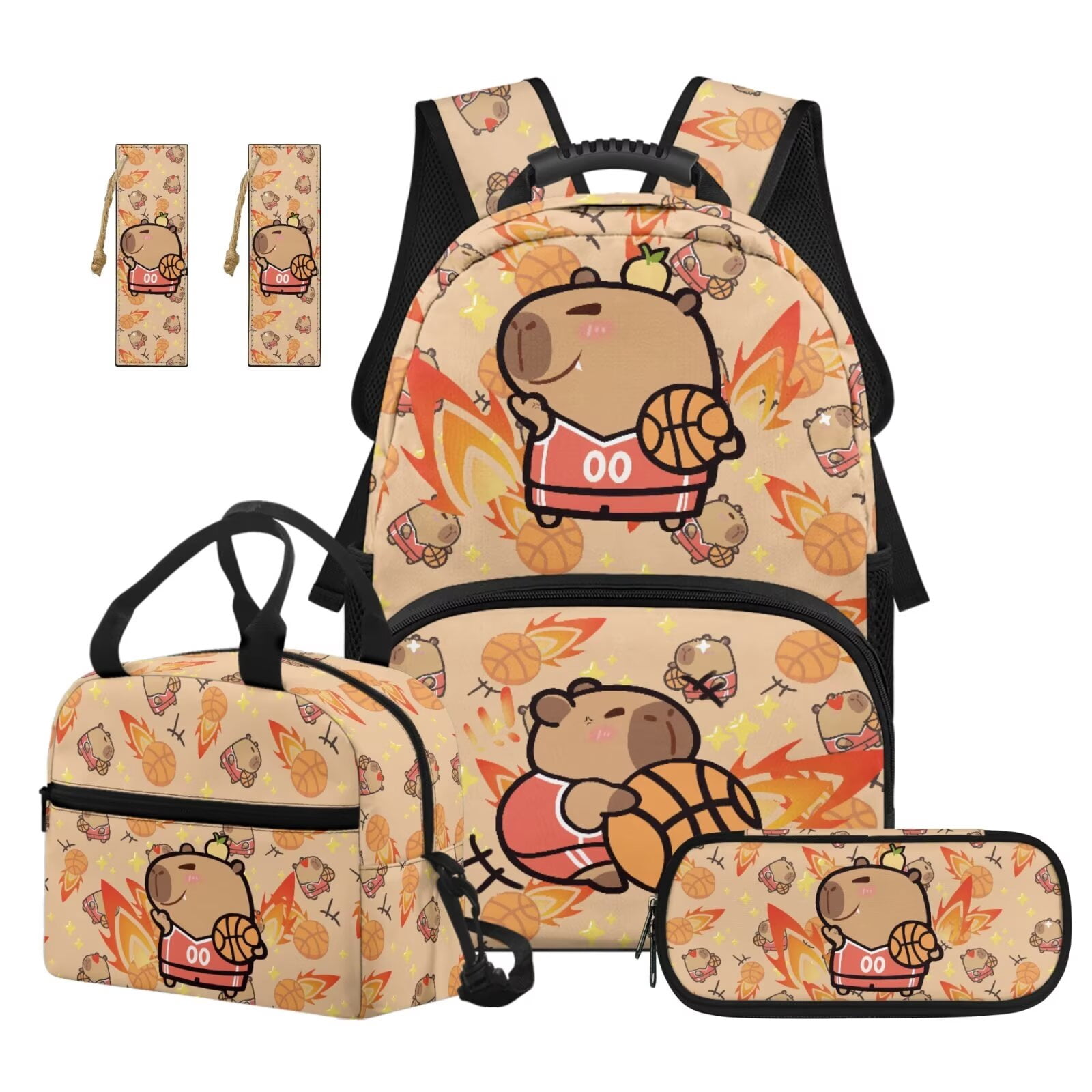 Pzuqiu Basketball Capybara School Backpack for Girls 4 pcs Backpacks with Lunch Bag Pencil Box Set 17 Inch Large Travel School Bag for Girls Camping Rucksack Casual Daypack