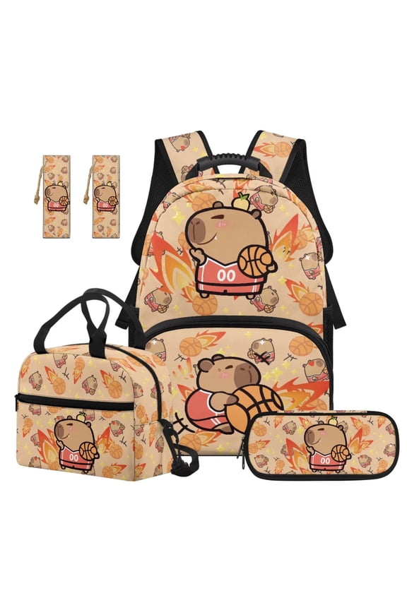 Basketball Capybara School Backpack for Girls 4 pcs Backpacks with Lunch Bag Pencil Box Set 17 Inch Large Travel School Bag for Girls Camping Rucksack Casual Daypack