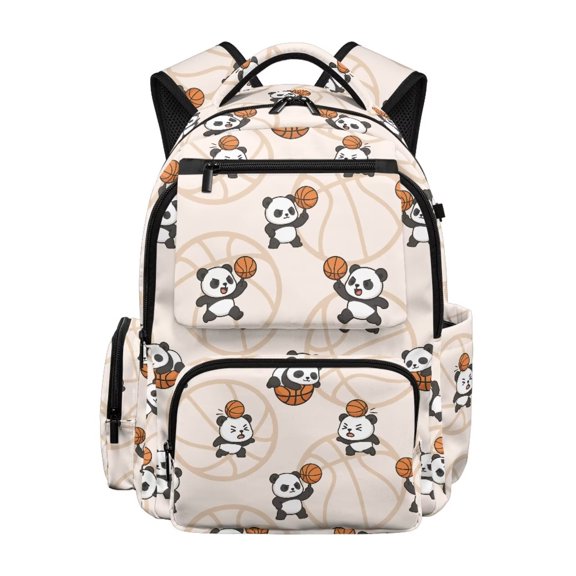 Pzuqiu Basketball Panda Print 17 Inch School Backpack Lightweight Padded Bookbag with Multiple Pockets Breathable Casual Daypack for Teens Daily Use Travel 8-14 Years Old