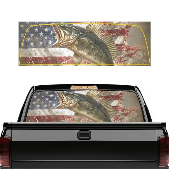 Pzuqiu Bass Fish American Flag Pickup Truck Rear Window Decal 66.9" x 22.4", Weather Resistant Vinyl Perforated Stickers for Most Pickups