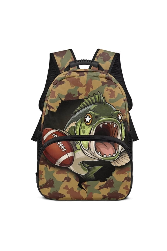 Bass Fish Camo Kids Backpack for Ages 6-18 17 Inch Cute Cartoon School Bookbag Durable Large Capacity Elementary School Backpack for Back to School Travel Ideal Student Gift