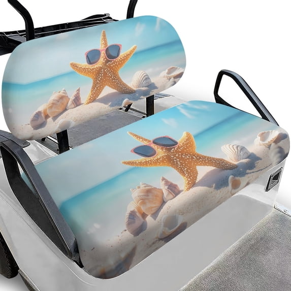 Pzuqiu Beach Themed Starfish Golf Cart Seat Cover Set - Breathable Stretchable Polyester Protector - Fits Most 2-Seater Carts, Perfect for Golf Course & Outdoor Use