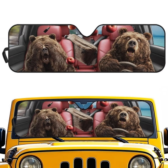 Pzuqiu Bear Car Sun Shade for Windshield Compatible with Jeep JK JKU JL JLU 1997-2023 Foldable Windshield Sun Shade Heat Protection Blocks UV Rays Keep Your Vehicle Cool