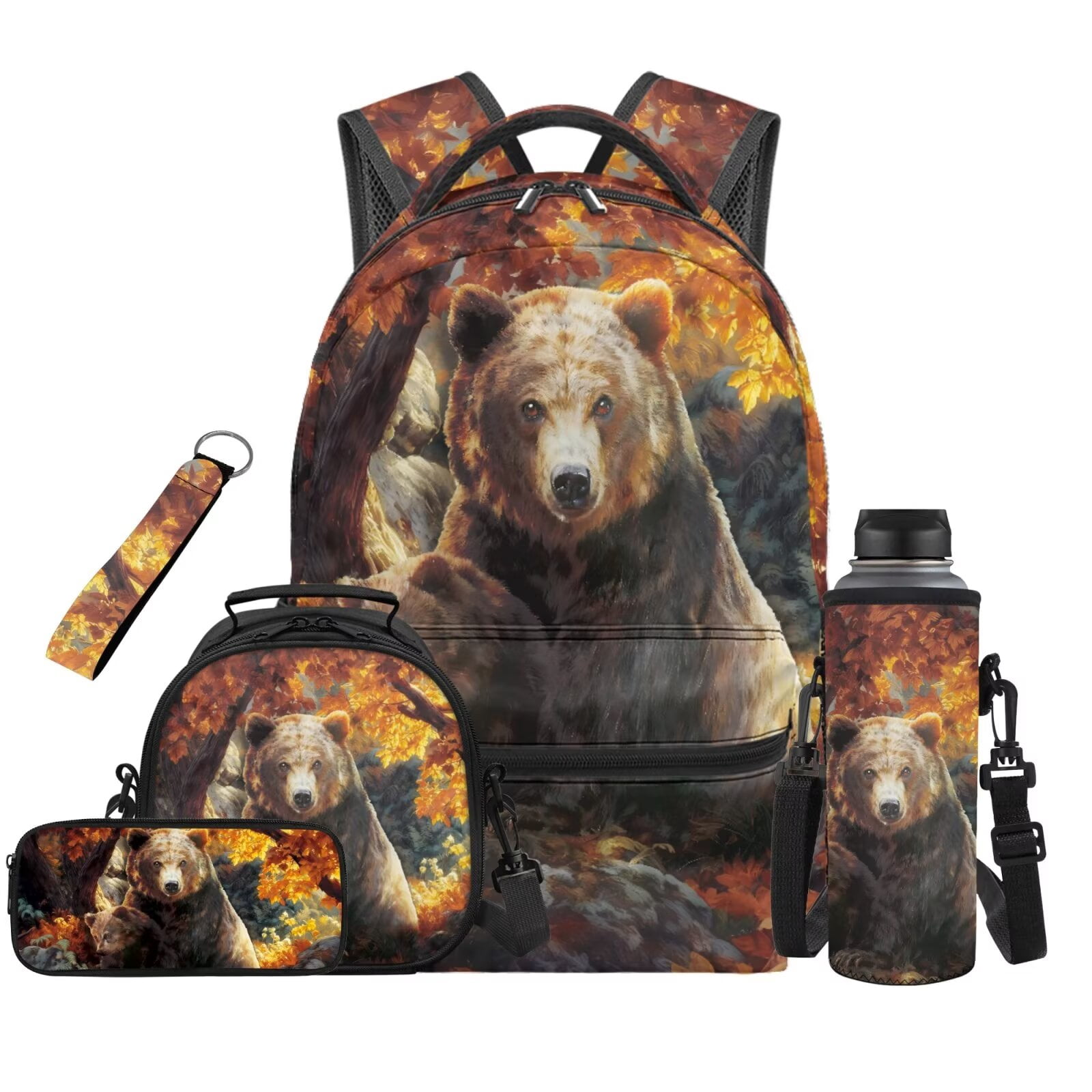 Pzuqiu Bear Print Kids Backpack Set for Boys with Lunch Box Water Bottle Bag Kawaii Backpacks for School with Adjustable Shoulder Strap,5pcs Large Capacity Student Bag