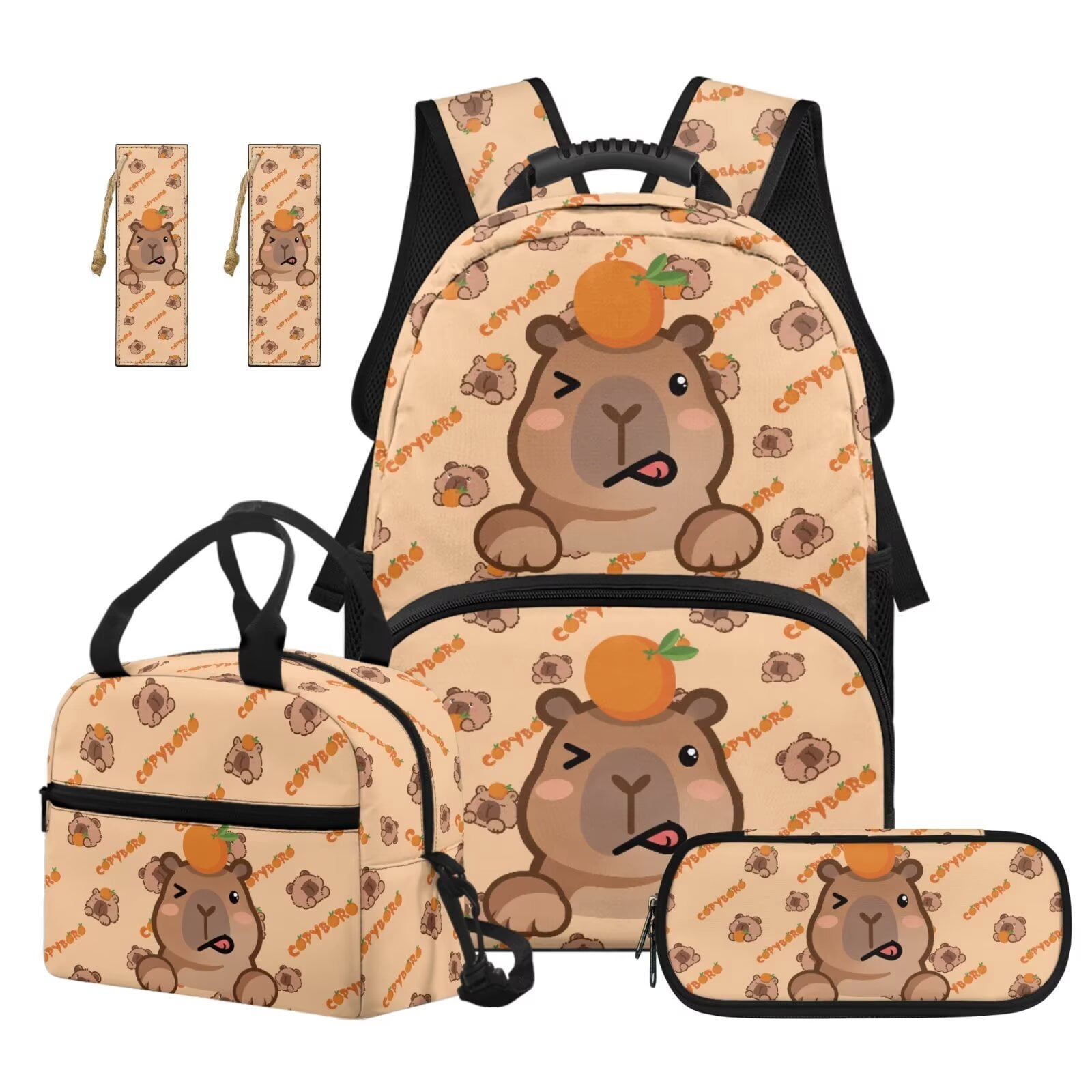 Pzuqiu Bee Capybara 4 Piece School Backpack Set for Girls Kids 17 Inch Back Pack with Lunch Box Pencil Bag Bookbag for Teens Lightweight Casual Travel Daypack for Middle School