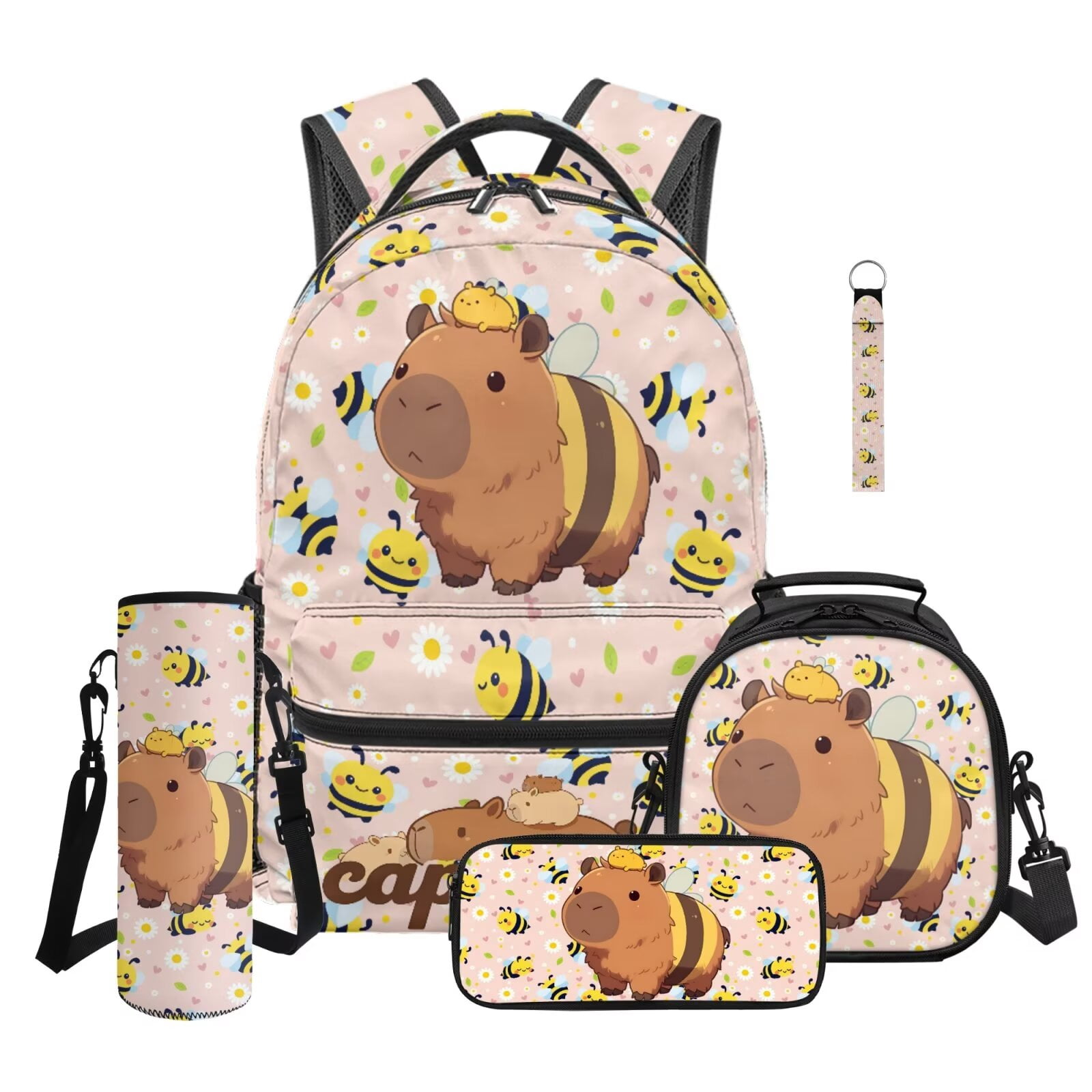 Pzuqiu Bee Capybara Cute Backpack for School Girls 5 PCS Backpack with Lunch Box Pencil Case Water Bottle Bag Travel Rucksack Sport Bookbag for Kids