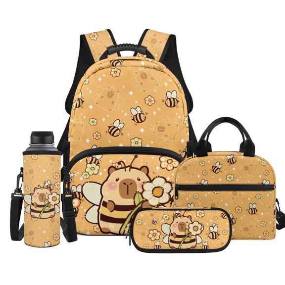 Pzuqiu Bee Capybara Kids Backpack with Lunch Box Pencil Case Water Bottle Holder Kawaii Backpacks for School Girls with Adjustable Shoulder Strap 4pcs Large Capacity Student Bag