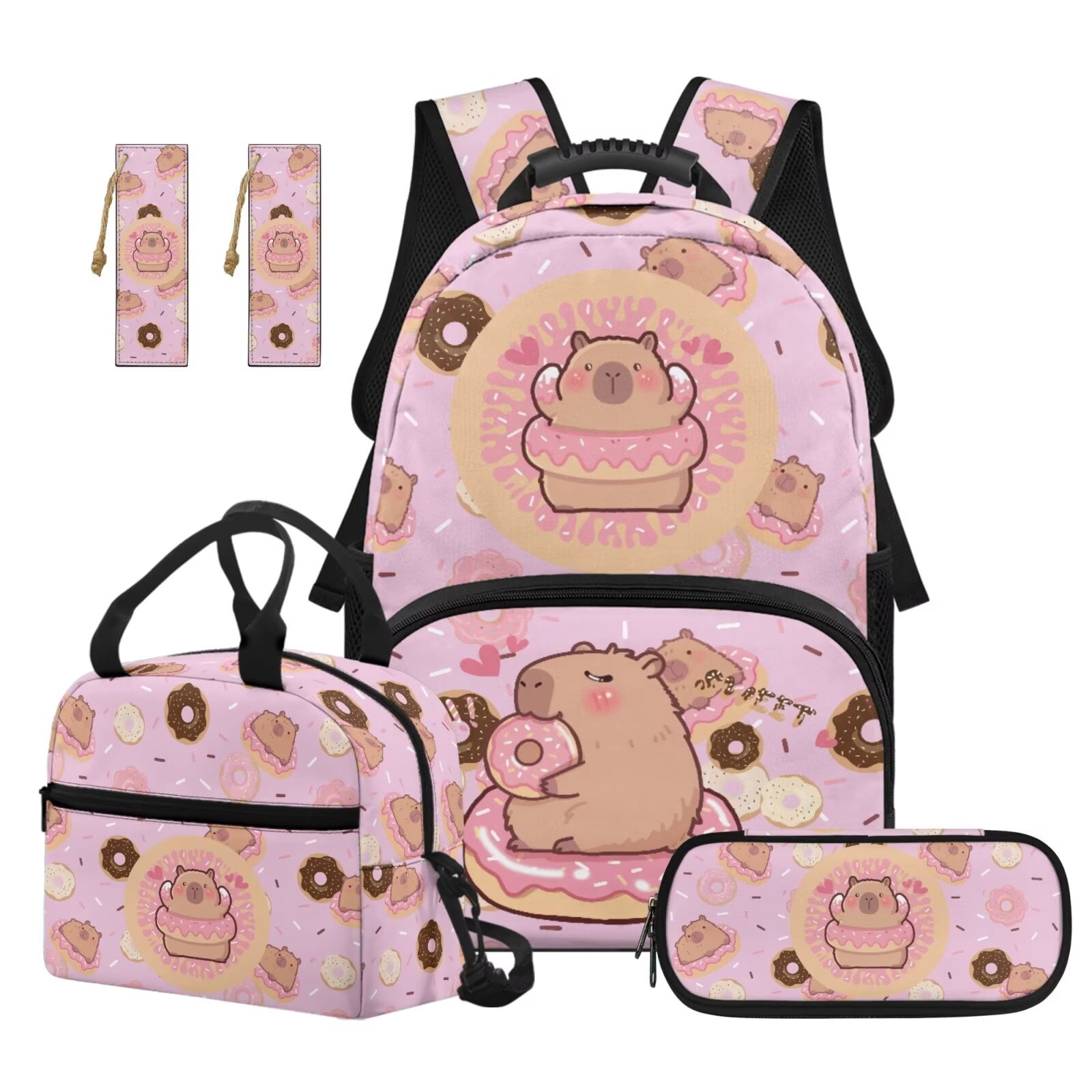 Pzuqiu Bee Capybara School Backpack for Boys 17 Inch Back Pack for School Girls with Lunch Box Pencil Case 2pcs Bookmark,4 Pcs Rucksack Travel Bag for Kids 8-12 Christmas Gifts