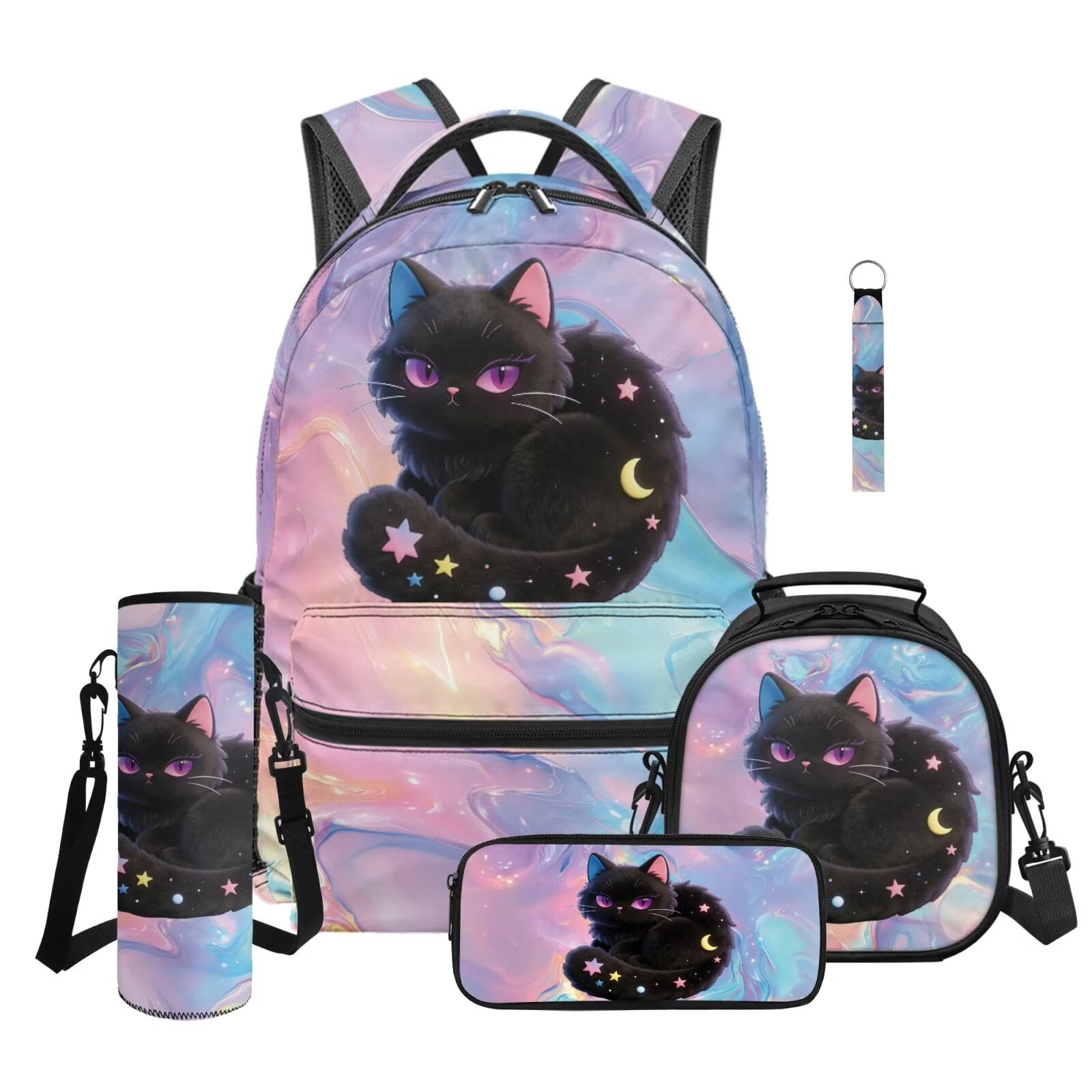 Pzuqiu Black Cat Back Pack for School Girls Backpacks for Teens Girls Backpack with Lunch Bag Pencil Case Water Bottle Holder Bag Large Shoulder Strap Rucksack