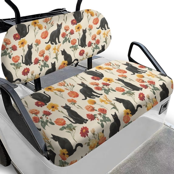 Pzuqiu Black Cat & Floral Golf Cart Seat Cover Set - 2-Piece Stretchable Protector, Breathable & Machine Washable, Fits Most 2-Seater Carts for Golf Lovers
