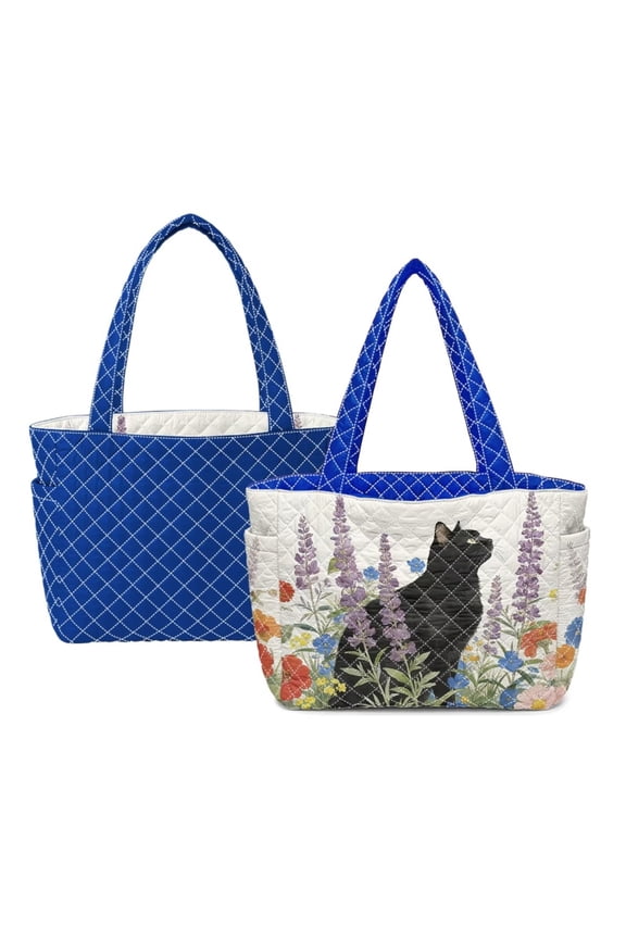 Black Cat Floral Print Large Capacity Quilted Tote Bag for Women, Lightweight Blue Puffer Shoulder Handbag for Work, Shopping, Travel, College, Teacher, Gym, Everyday Use