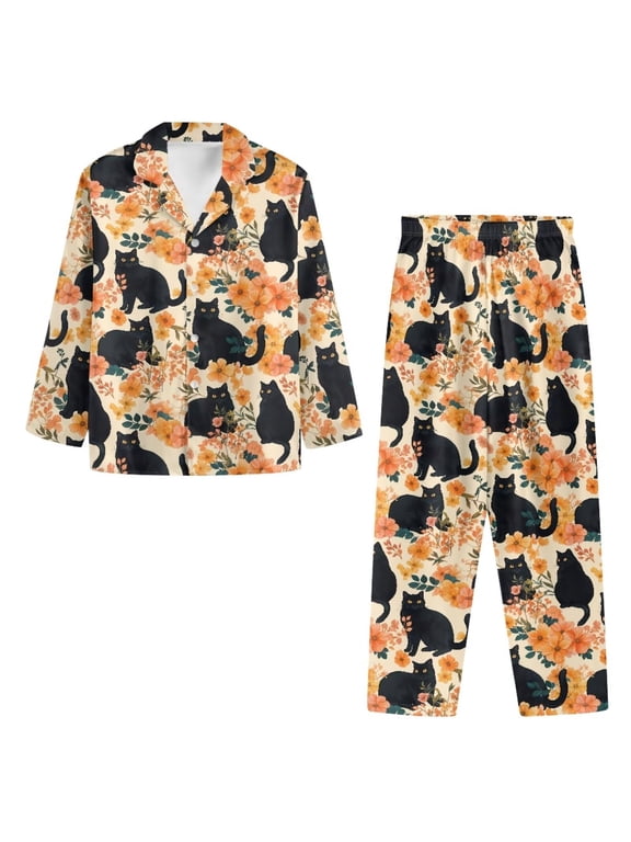 Black Cat Floral Womens Pajama Set Notch Collar Long Sleeve with Pants 2 Piece Soft Breathable Loungewear with Side Pockets Cozy Fall Sleepwear Size L Button Down Sleepwear Nightwear