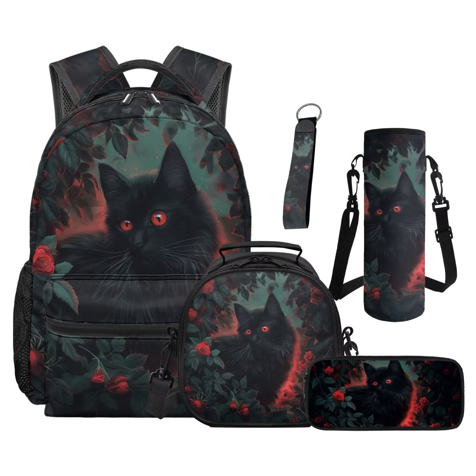 Pzuqiu Black Cat Rose 5-Piece Kids Backpack Set for Boys and Girls, Includes Insulated Lunch Box Pencil Case, Lightweight Large Capacity School Bag Set for Elementary Age 8-10