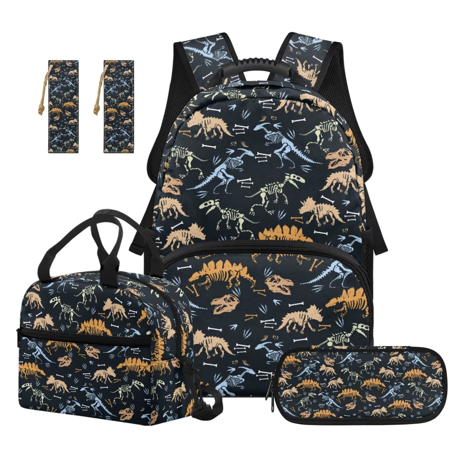 Pzuqiu Black Dragon Skeleton School Backpack Set for Girls 4 Pcs 17 Inch Back Pack with Insulated Lunch Box Pencil Case 2pcs Bookmark School Backpack Boy Rucksack Travel Bag