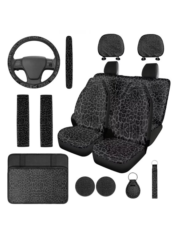 Black Leopard Print Automobile Interior Sets Car Front Rear Seat Cover Steering Wheel Seat Belt Headrest Center Console Cushion Pad Keychain Coaster 14 Pcs Full Set Covers Fit Most Vehicles