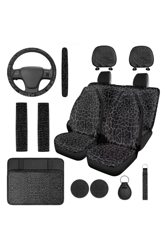 Black Leopard Print Automobile Interior Sets Car Front Rear Seat Cover Steering Wheel Seat Belt Headrest Center Console Cushion Pad Keychain Coaster 14 Pcs Full Set Covers Fit Most Vehicles