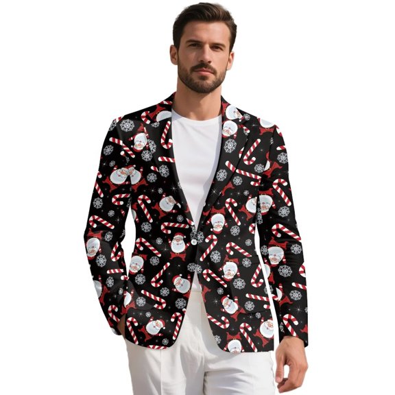 Pzuqiu Black Santa Mens Casual Blazer Comfy Sport Coat One Button One Button Blazer,Comfortable,Patch Pockets,Fashion,Regular Fit,Printed Sport Coat,Blazer For Daily Fall Winter Party