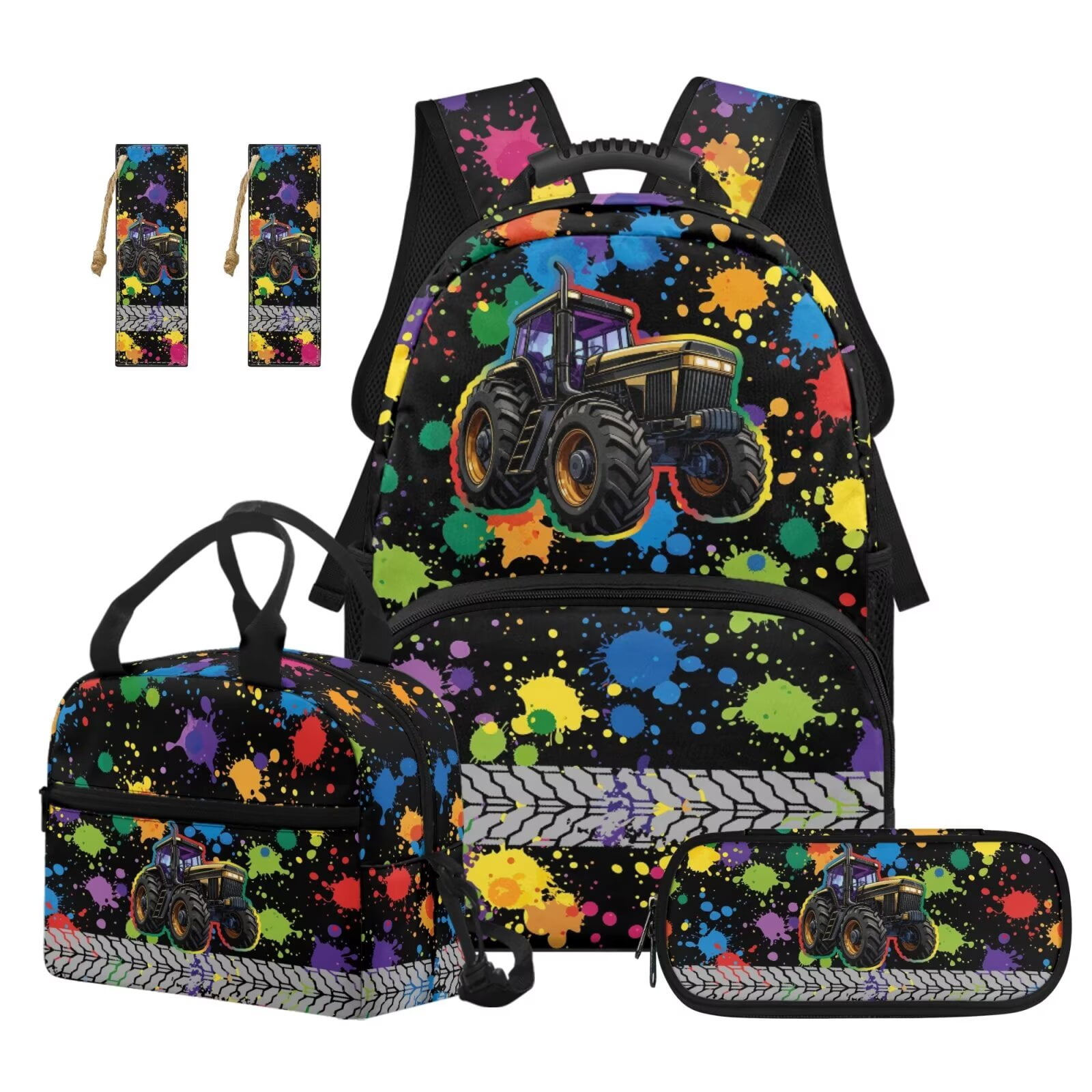 Pzuqiu Black Tractor Kids Backpack 4 Piece School Back Pack Set with Lunch Box Pencil Case 2pcs Bookmark for Girls Backpack for Middle School Backpacks 17 Inch Schoolbag