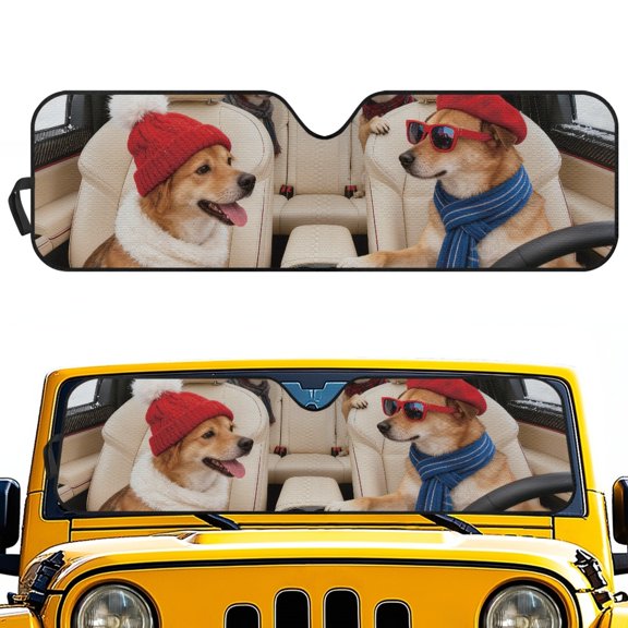 Pzuqiu Blocks UV Rays Front Windshield Sun Protector for Outdoor Vehicle, Heat Insulation Keep Your Vehicle Cool & Comfort Windshield Sun Shade, Funny Dogs