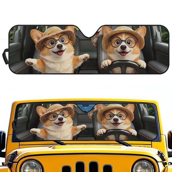 Pzuqiu Blocks UV Rays Windshield Sun Shade for Off-road Interior Auto, Foldable Block UV Rays Off-Road Sun Shield, Corgi Driving