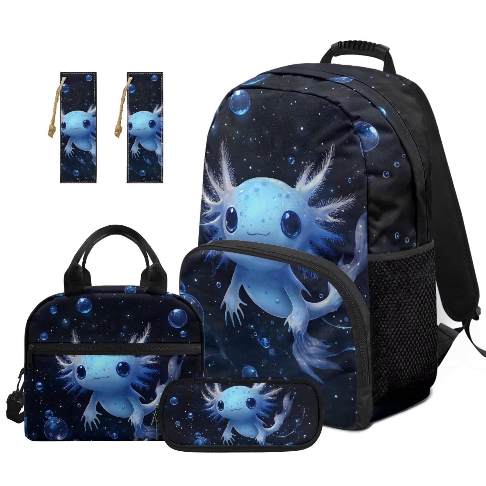 Pzuqiu Blue Axolotl Cute Backpack for School 17 Inch 4 Piece Back Pack for Girls with Lunch Box Pencil Case 2pcs Bookmark Rucksack Travel Backpacks for Kids Student Bag