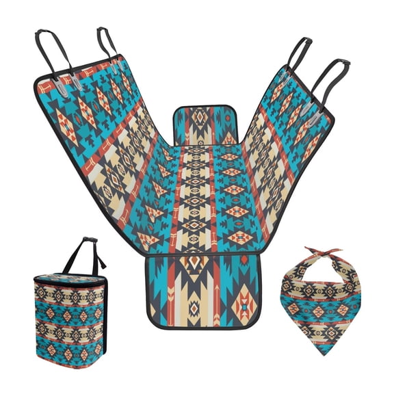Pzuqiu Blue Aztec Style Dog Car Seat Cover for Back Seat SUV Heavy Duty Hammock Back Seat Cover for Dogs Pet Backseat Covers with Puppy Bandanas Hanging Trash Can