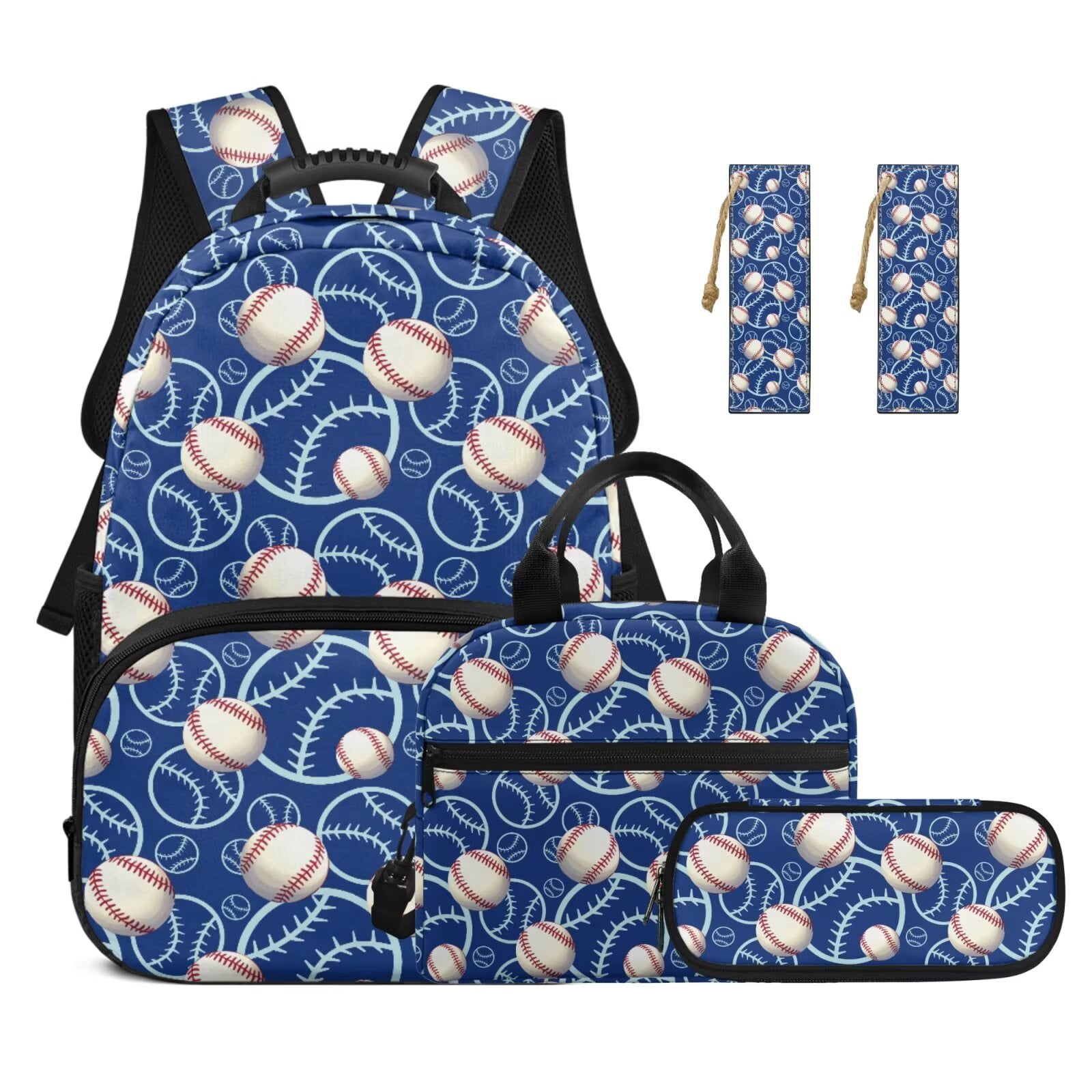 Pzuqiu Blue Baseball Girls Backpack for School 4PCS Kids Backpacks with Lunch Box Pencil Case 2pcs Bookmark,17 Inch Rucksack Travel Bag with Shoulder Strap for Christmas Gifts