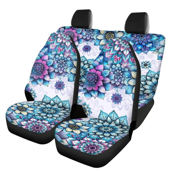 Pzuqiu Blue Bohemian Flower Seat Covers Full Set Easy to Install Front and Rear Split Bench Seat Covers Polyester Automotive Vehicle Cushion Car Interiors Fit for Most Sedans Truck Vans