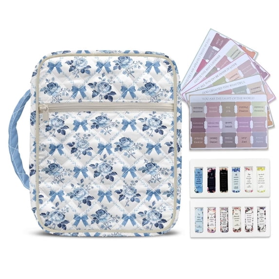 Pzuqiu Blue Bowknot Bible Case for Women Quilted Large Size Bible Carrying Case Church Bag with Handle and Zippered Pockets&Tabs Scripture Book Cover Organizer Christian Gifts