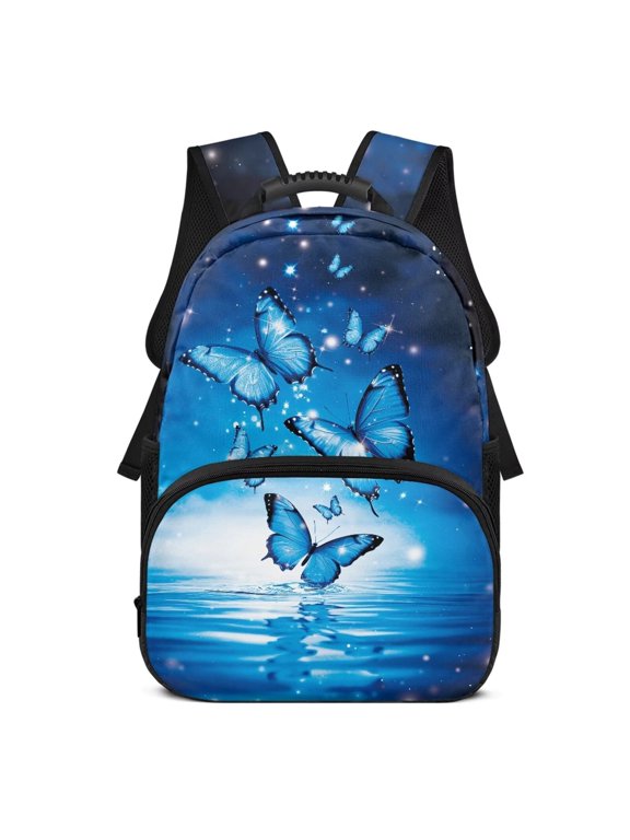 Blue Butterfly 17 Inch Custom Backpacks with Name School Backpack for Kids Girls Shoulder Bookbags Personalized Schoolbag with Adjustable Shoulder Strap for Teens Age 12-18