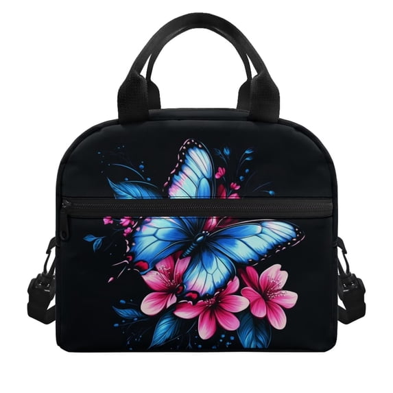 Pzuqiu Blue Butterfly Floral Insulated Lunch Tote Bag, Leakproof Thermal Reusable Lunch Box with Adjustable Strap, Large Capacity Sturdy Cooler Bag for Office School Picnic Travel