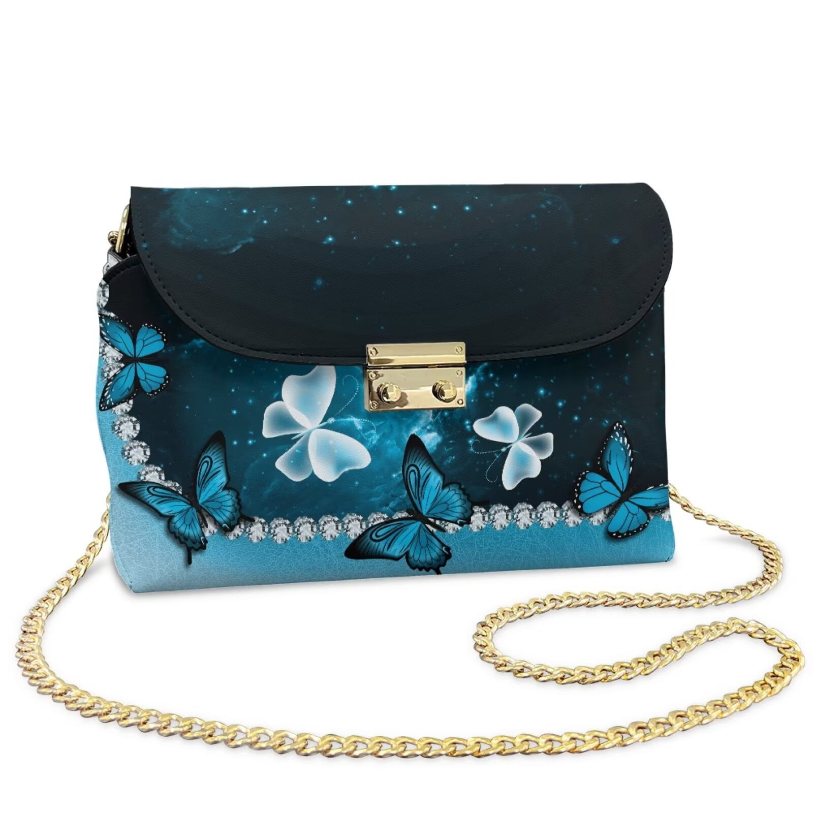 Pzuqiu Blue Butterfly Leather Crossbody Bag Versatile Minimalist Small Leather Crossbody Bags for Women Metal Chain Strap Vintage Casual for Teen Girls-Women
