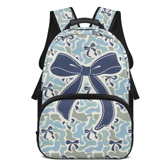 Pzuqiu Blue Camo Bow 17 Inch Kids School Backpack for Students Ages 6-18 Elementary Backpack with Adjustable Breathable Straps Large Capacity Lightweight Schoolbag for Back to School