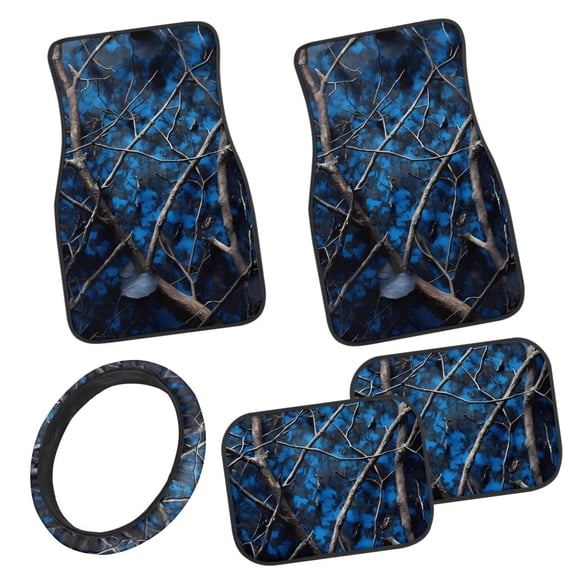 Pzuqiu Blue Camo Hunting Car Floor Mats Car Steering Wheel Cover Full Set Easy to Install 5 Piece Car Floor Mats All Weather with Anti-Slip Pad Removable Automotive Accessories for Cars