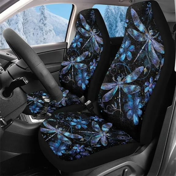 Pzuqiu Blue Dragonfly Car Seat Cover Warm Easy to Install Car Seat Cover 2 Pcs Front Seats Only Elastic Fabrics Anti Slip Automotive Interior Covers Full Coverage Suitable for Most Cars SUV