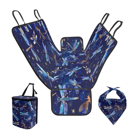 Pzuqiu Blue Dragonfly Dog Seat Cover for Back Seat Scratch Proof Washable Backseat Cover with Hanging Car Trash Can Puppy Triangle Bib Pack of 3