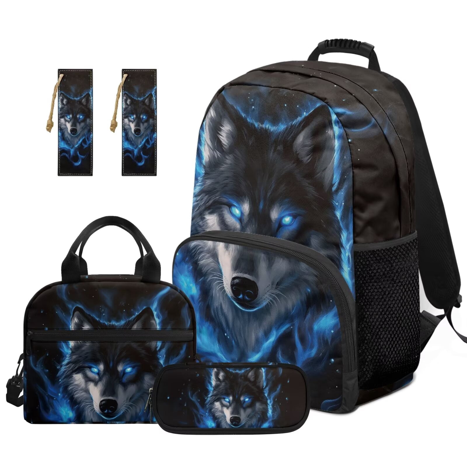 Pzuqiu Blue Fire Wolf School Backpacks for Teen Girls with Lunch Box Pencil Case 2pcs Bookmark Kawaii Rucksack Travel Schoolbag Sport Bookbag for Kids 8-12 Middle School