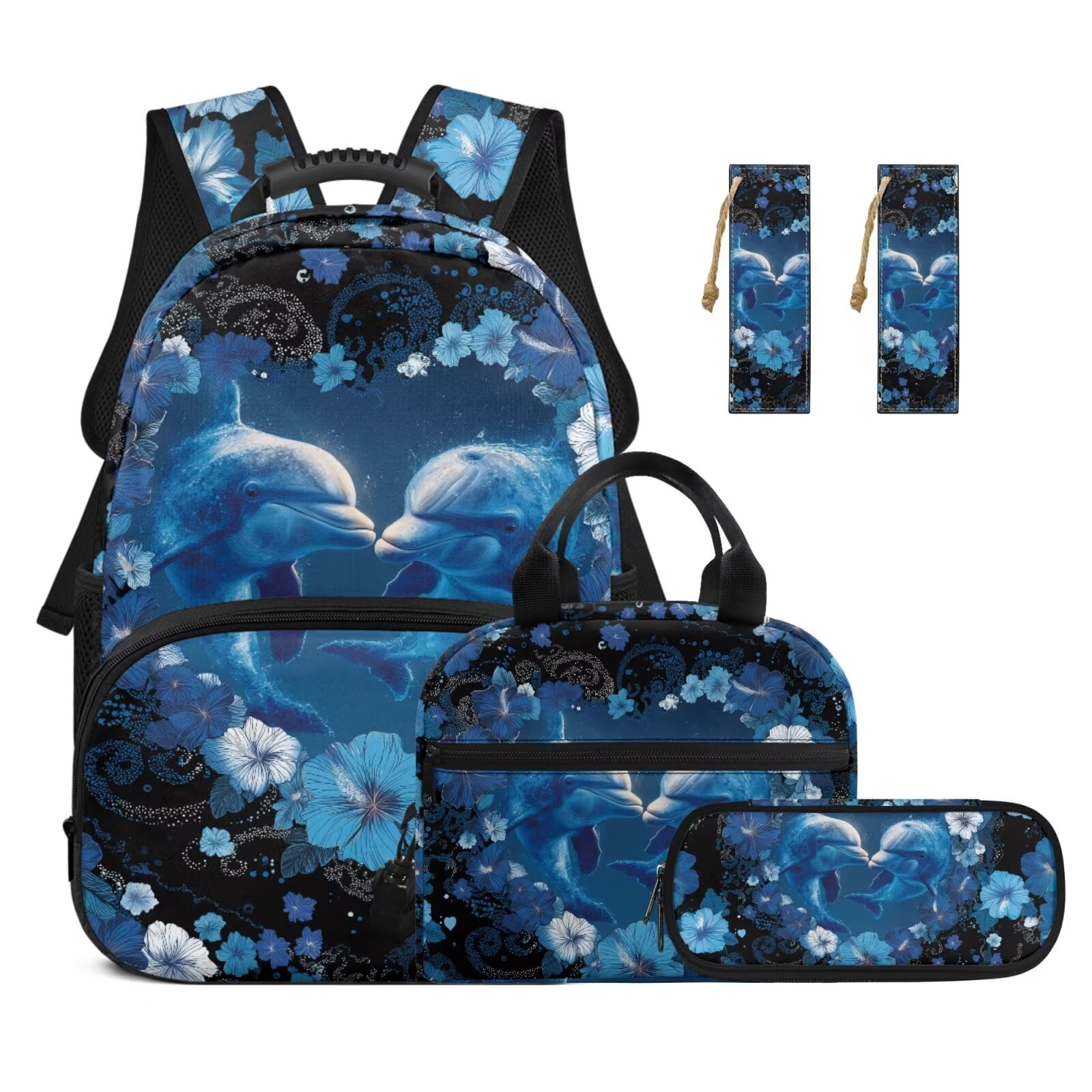 Pzuqiu Blue Floral Dolphin 4 Piece School Backpack Set Backpacks for Teens Girls with Lunch Box Pencil Case 2pcs Bookmark,17 Inch Large Travel Rucksack Schoolbag for Middle School