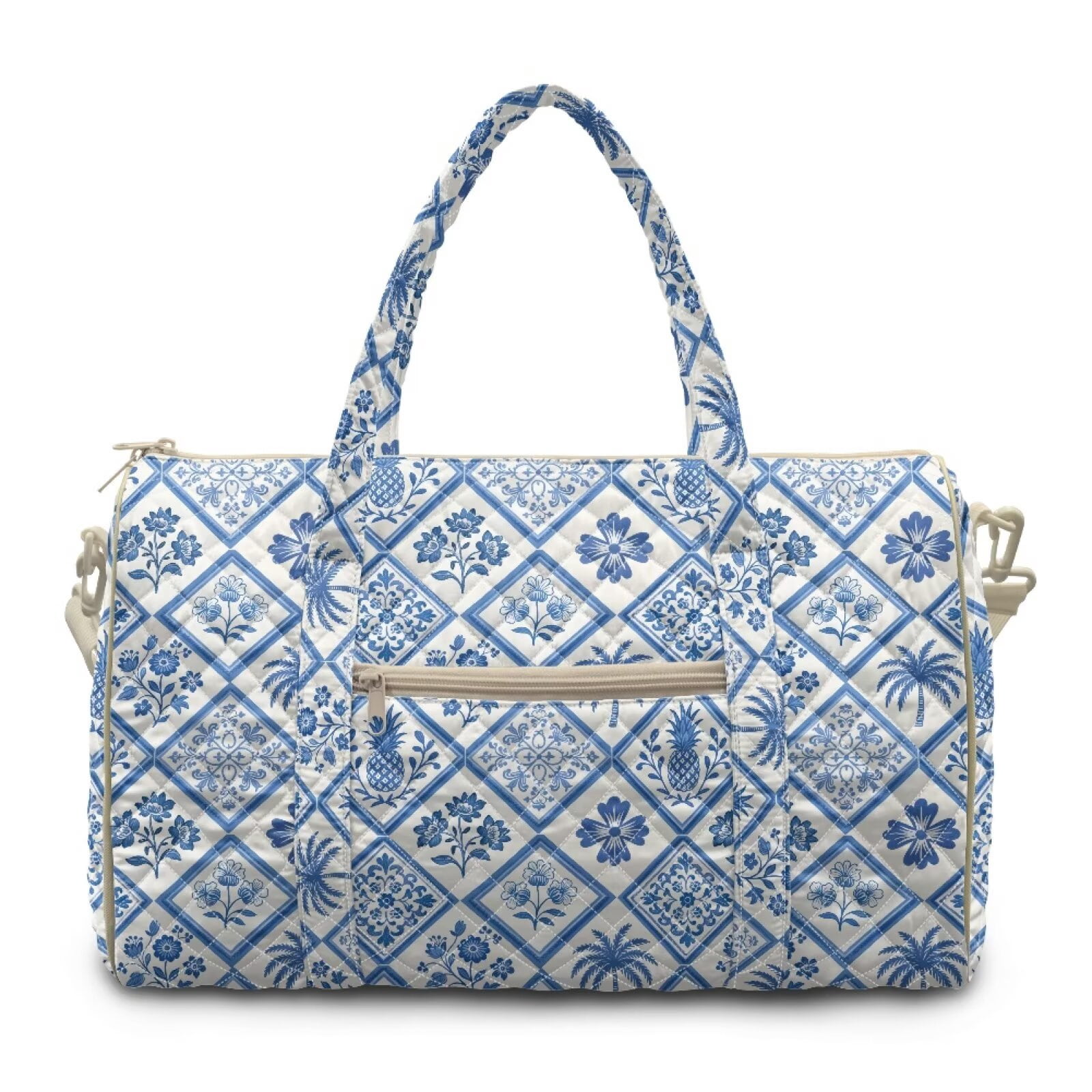 Pzuqiu Blue Floral Quilted Weekender Bag for Women Polyester Fabric Large Capacity Puffer Travel Duffle Carry On Tote with Luggage Sleeve for Gym Overnight Trips Versatile