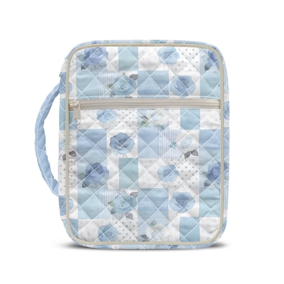 Pzuqiu Blue Flower Bible Bags for Women Quilted Bible Holder Bag Front Zipper Pocket Church Carrying Tote Cases Scripture Book Cover Organizer for Women Christian Gift